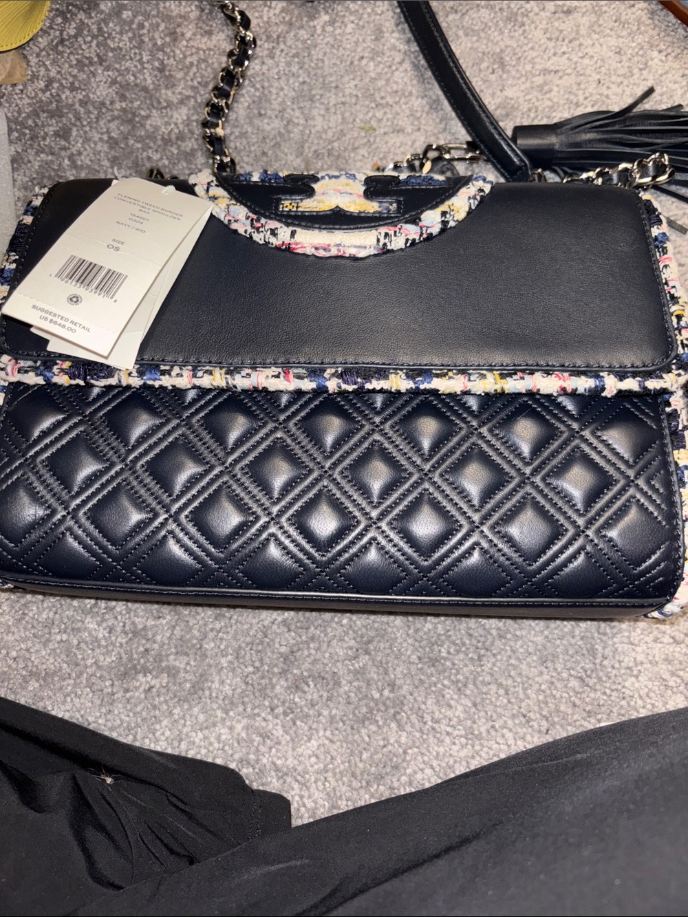 Tory Burch Quilted Navy Faux-Leather Crossbody Bag with Tweed Trim